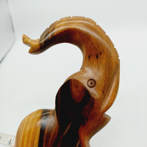 Hand Carved Wooden Elephant Sculpture Trunk Up MCM 2 Tone Wood 8" - Picture 3 of 7